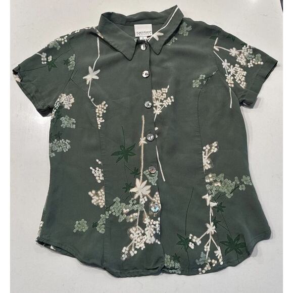 Vintage Karen Kane Petite Green Floral Asian Print Button Front Top Y2K 90s Boho - Picture 1 of 10